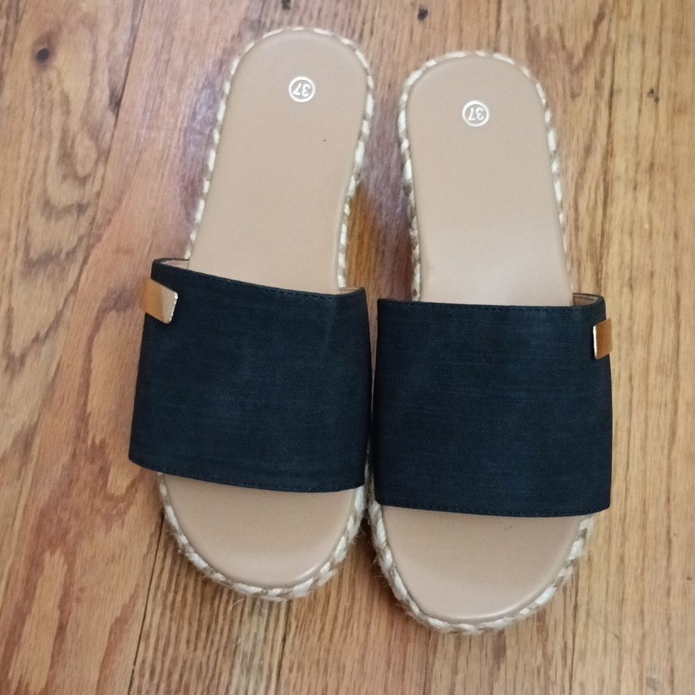 Black Espadrille Platform Slide Sandals with Gold Accent - Picture 3 of 8